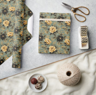 Elegante Cream & Black Rose auf dem Sage Green & G Geschenkpapier