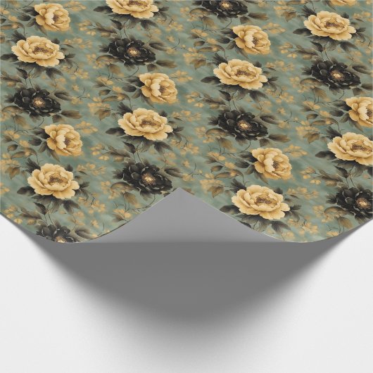 Elegante Cream & Black Rose auf dem Sage Green & G Geschenkpapier (Ecke)