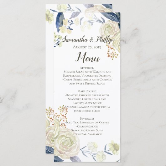 Elegante Cream Blue Watercolor Blume Menükarte (Vorne/Hinten)