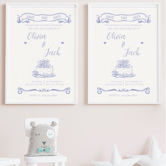 Elegante Cream & Blue Wedding Einladung