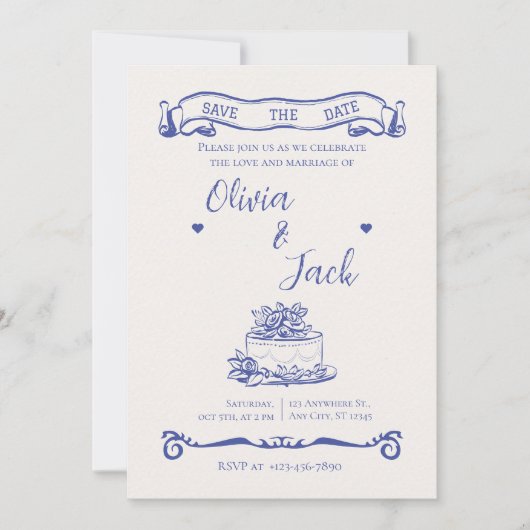 Elegante Cream & Blue Wedding Einladung (Vorderseite)