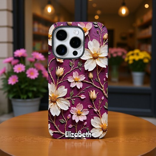Elegante Cream-Blume auf Texturierten Lila Case-Mate iPhone Hülle