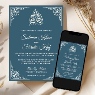 Elegante Cream Dusty Blue Islamische Hochzeit Einladung