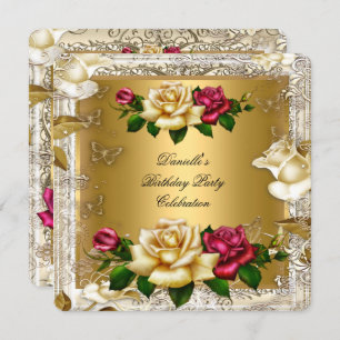 Elegante Cream Gold Pink Rote Rosen Geburtstagspar Einladung