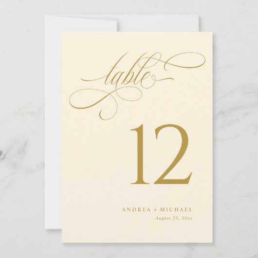 Elegante Cream Gold Script Hochzeiten Tischnummern (Rückseite)