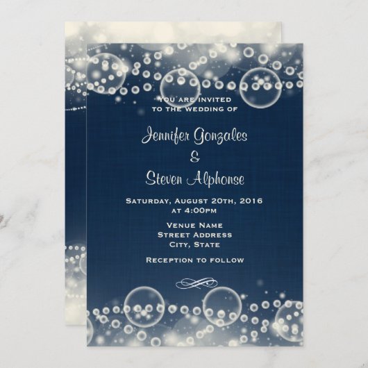 Elegante Cream Lace and Pearls on Blue Wedding Einladung (Vorne/Hinten)