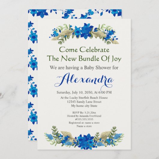 Elegante Cream Muscheln Blue Boy Floral Baby Dusch (Vorne/Hinten)