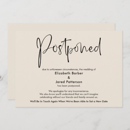 Elegante Cream Postponed Wedding Announcement Card Einladung (Vorne/Hinten)