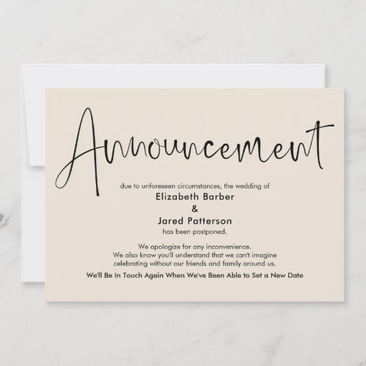 Elegante Cream Postponed Wedding Announcement Card Einladung (Vorderseite)