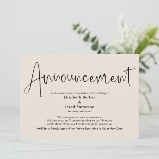 Elegante Cream Postponed Wedding Announcement Card Einladung (Stehend Vorderseite)