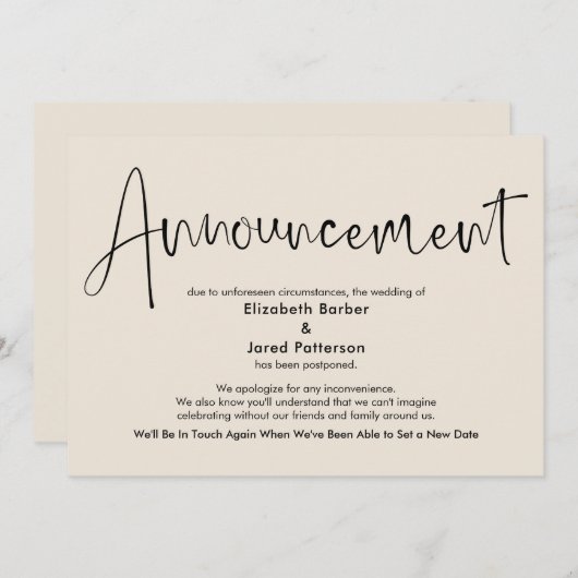 Elegante Cream Postponed Wedding Announcement Card Einladung (Vorne/Hinten)
