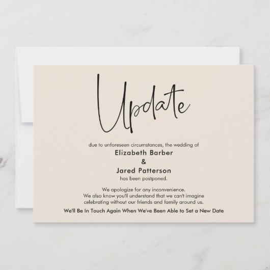 Elegante Cream Postponed Wedding Update Card Einladung (Vorderseite)