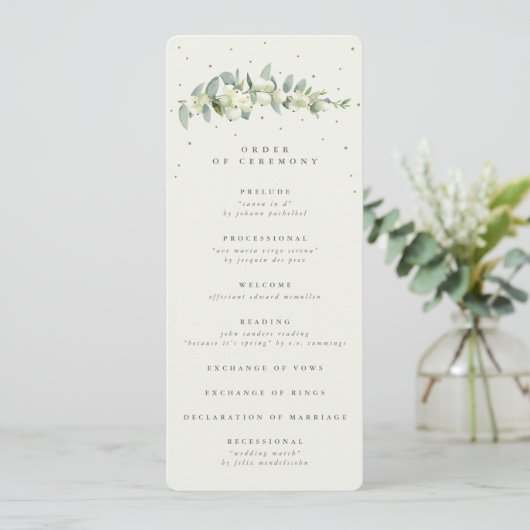Elegante Cream Snowberry+Eucalyptus Stem Wedding Programm (Stehend Vorderseite)