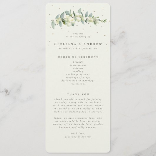 Elegante Cream Snowberry+Eucalyptus Stem Wedding Programm (Vorderseite)