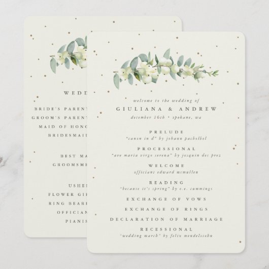 Elegante Cream Snowberry+Eucalyptus Stem Wedding Programm (Vorne/Hinten)