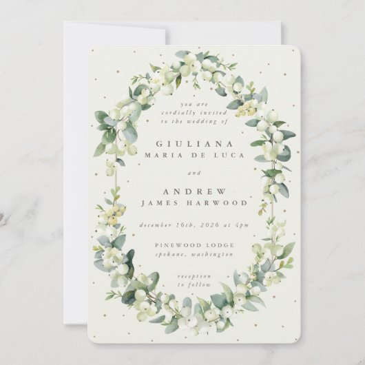 Elegante Cream Snowberry+Eucalyptus Wedding Einladung (Vorderseite)