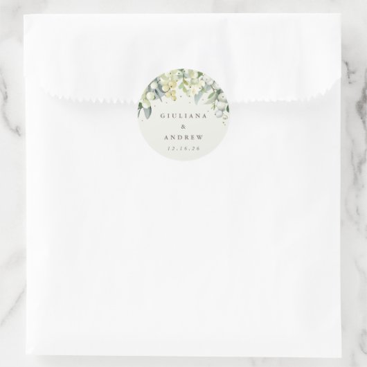 Elegante Cream Snowberry+Eucalyptus Wedding Runder Aufkleber (Tasche)