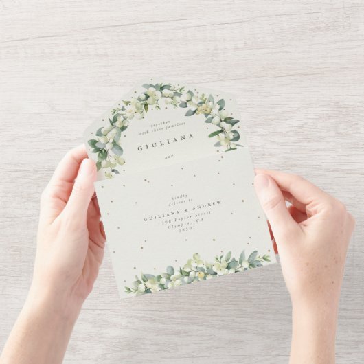Elegante Cream Snowberry+Eucalyptus Winter Wedding All In One Einladung (Eröffnung)