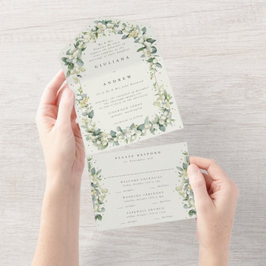 Elegante Cream Snowberry+Eucalyptus Winter Wedding All In One Einladung (Abreißen)