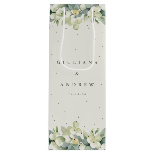 Elegante Cream Snowberry+Eucalyptus Winter Wedding Geschenktüte Für Weinflaschen (Vorderseite)
