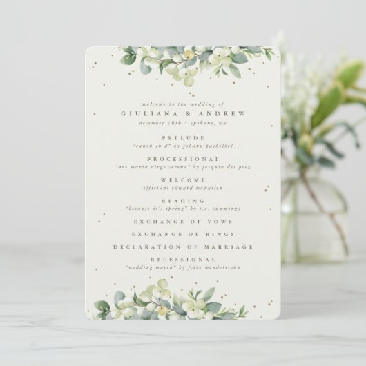 Elegante Cream Snowberry+Eucalyptus Winter Wedding Programm (Stehend Vorderseite)