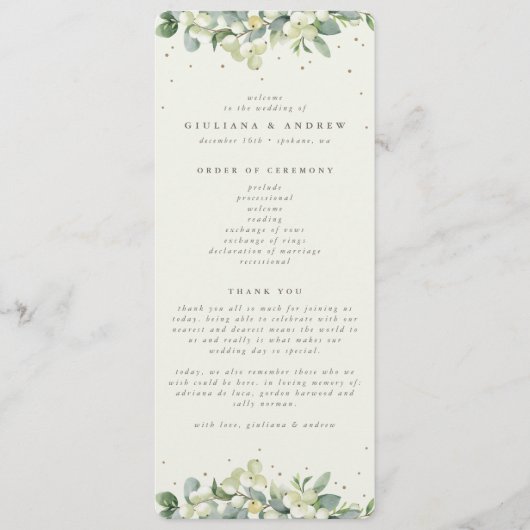 Elegante Cream Snowberry+Eucalyptus Winter Wedding Programm (Vorderseite)