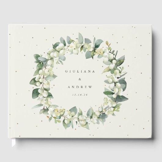 Elegante Cream Snowberry+Eucalyptus Wreath Wedding Gästebuch (Vorderseite)