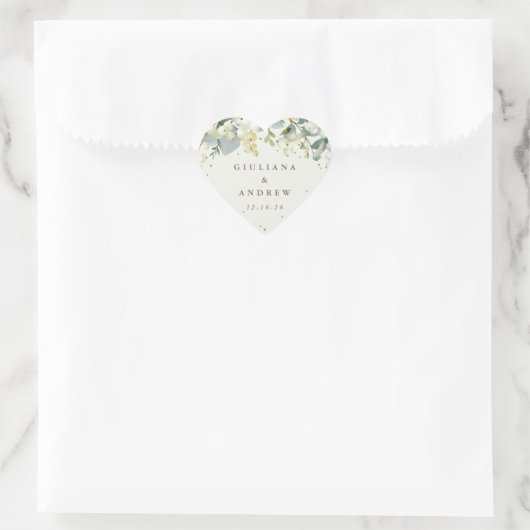 Elegante Cream Snowberry+Eucalyptus Wreath Wedding Herz-Aufkleber (Tasche)