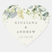 Elegante Cream Snowberry+Eucalyptus Wreath Wedding Herz-Aufkleber (Vorderseite)