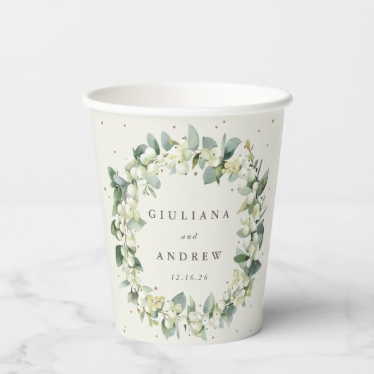 Elegante Cream Snowberry+Eucalyptus Wreath Wedding Pappbecher (Rückseite)