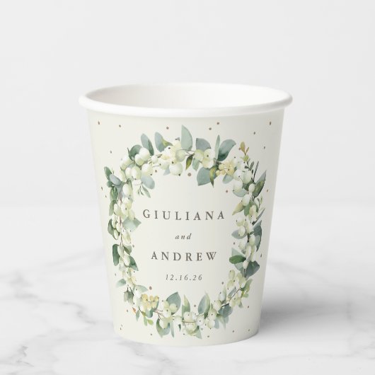 Elegante Cream Snowberry+Eucalyptus Wreath Wedding Pappbecher (Vorderseite)