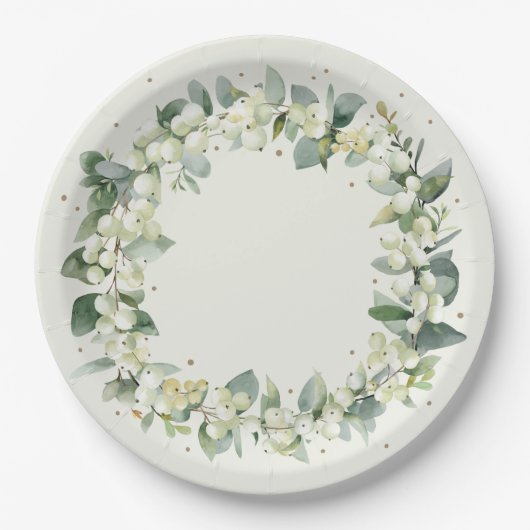 Elegante Cream Snowberry+Eucalyptus Wreath Wedding Pappteller (Vorderseite)