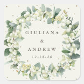 Elegante Cream Snowberry+Eucalyptus Wreath Wedding Quadratischer Aufkleber (Vorderseite)