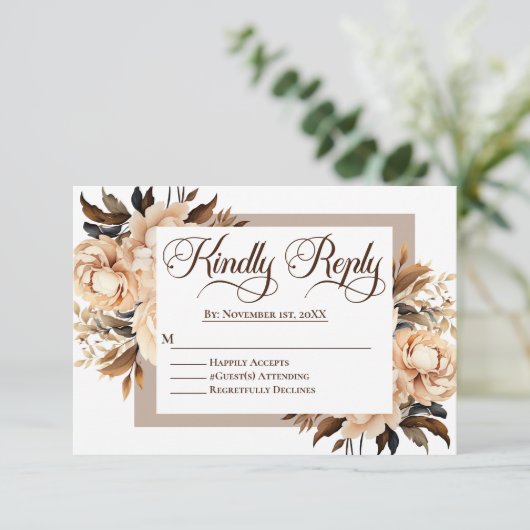 Elegante Cream und Tan Floral Islamische Hochzeit RSVP Karte (Stehend Vorderseite)