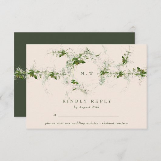 Elegante Cream Website Eucalyptus Monogram Wedding RSVP Karte (Vorne/Hinten)