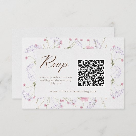 Elegante Cream Wildblume QR Code RSVP Card Begleitkarte (Vorne/Hinten)