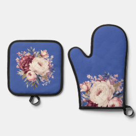 Elegante Creame Peonies, blau Ofenhandschuh & Topflappen-Set