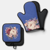 Elegante Creame Peonies, blau Ofenhandschuh & Topflappen-Set (Vorderseite/Rückseite)