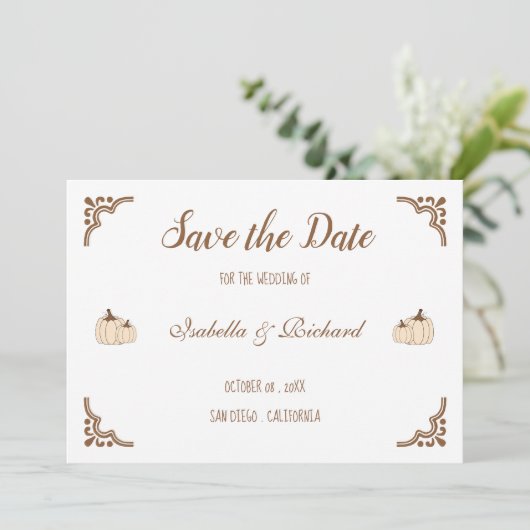 Elegante Creamy Pumpkins Flat Save the Date Card (Stehend Vorderseite)