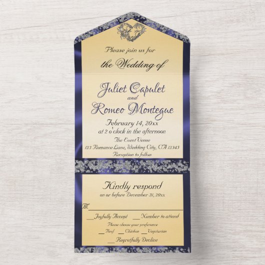 Elegante Creme, Blue Ribbon & Sparkle All In One Einladung (Innen Boden)