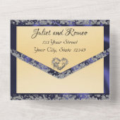 Elegante Creme, Blue Ribbon & Sparkle All In One Einladung (Rückseite)