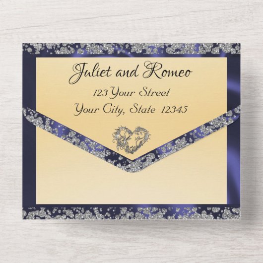 Elegante Creme, Blue Ribbon & Sparkle All In One Einladung (Rückseite)