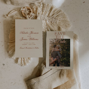 Elegante Creme-Braunorange-Terrakotta-Foto-Hochzei Save The Date