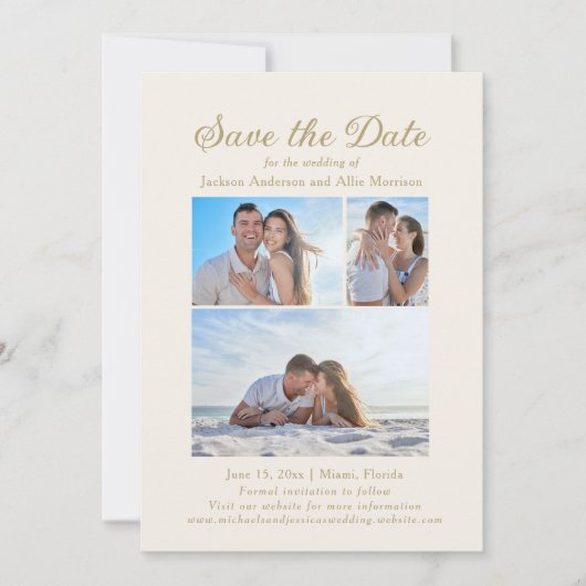Elegante Creme farbig 4 Foto 2 Hochzeit Save The Date (Vorderseite)