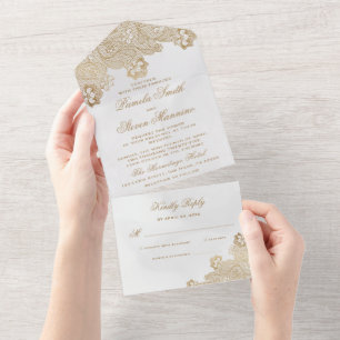 Elegante Creme-Gold-Spitzenrand-Hochzeit mit RSVP All In One Einladung