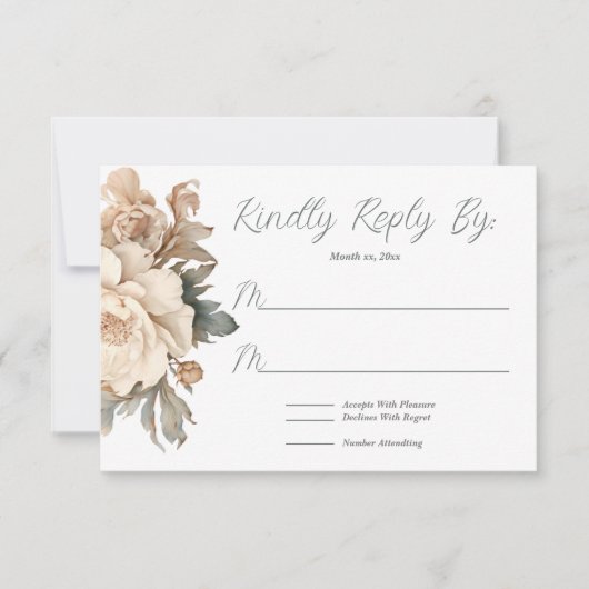 Elegante Creme und Taupe mit grüner Blütenhochzeit RSVP Karte (Vorderseite)