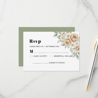 Elegante Cremefarbene Pfingstrose und Weiße Rose H RSVP Karte