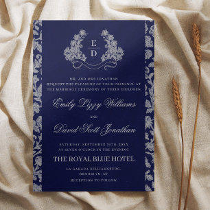 Elegante Crest-Monogramm Navy-Heritage-Hochzeit Einladung