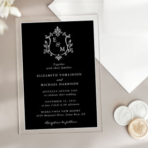 Elegante Crest-Monogramm-Schwarz-Weiß-Hochzeit Acryleinladungen