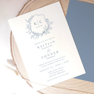 Elegante Crest Staubblau Klassische formelle Hochz Einladung